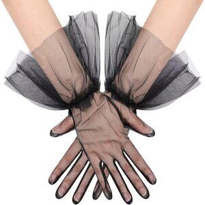 Women's Puffy Ruffle Black Tulle Sheer Mesh Party Prom One Size Short Gloves